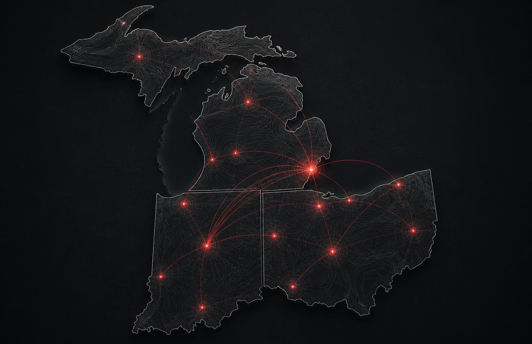 Topographic map of Michigan, Ohio, and Indiana with delivery routes highlighted